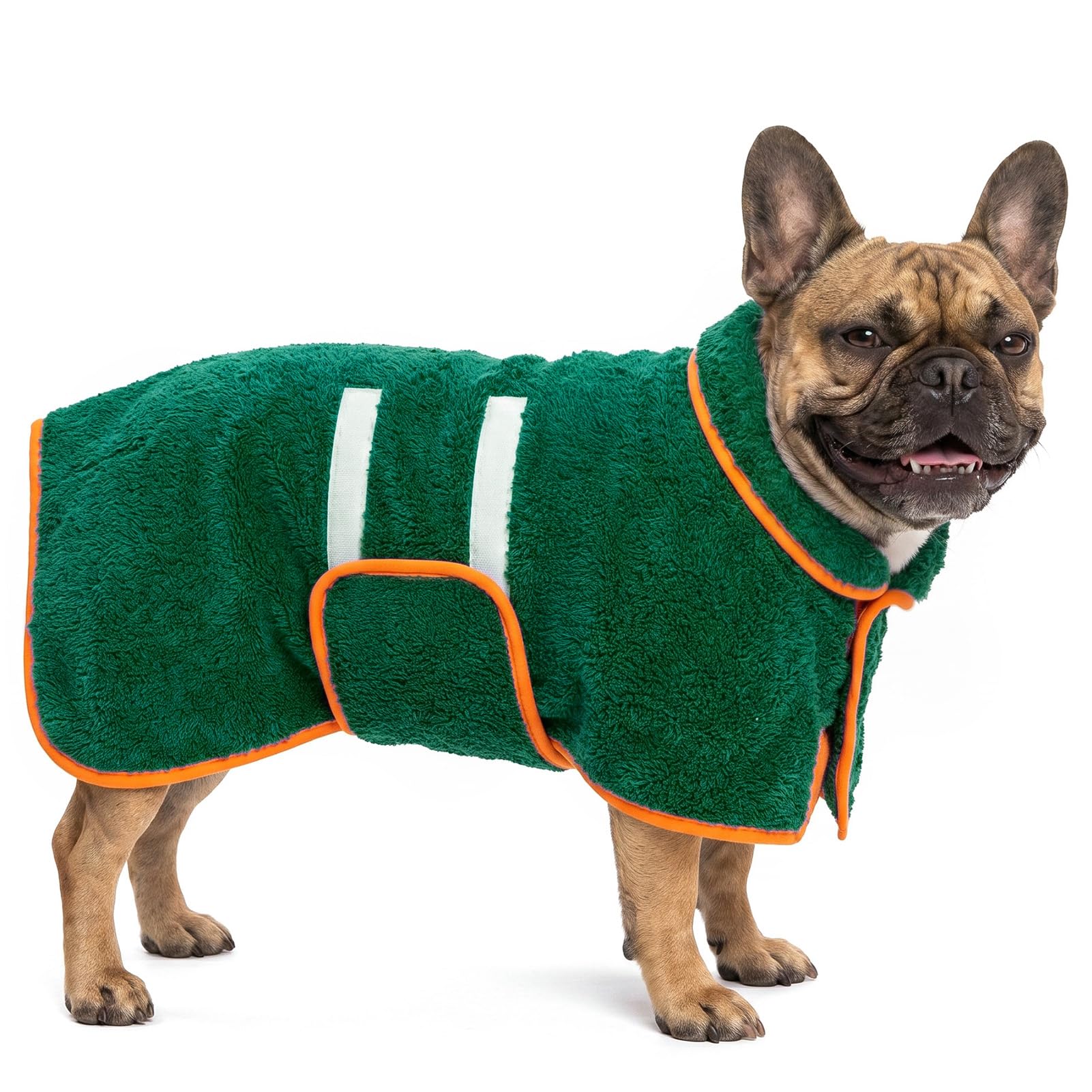 Bienbee dog bathrobe shown from the front in green.