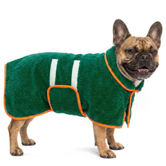 Bienbee dog bathrobe shown from the front in green.
