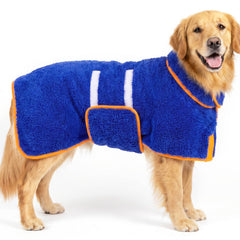 Bienbee Dog Bathrobe shown from the front in dark blue.