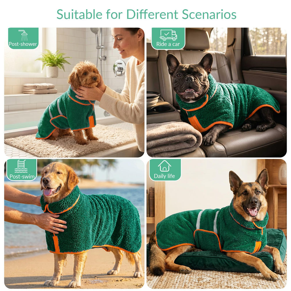 Bienbee dog bathrobe shown in its green color.
