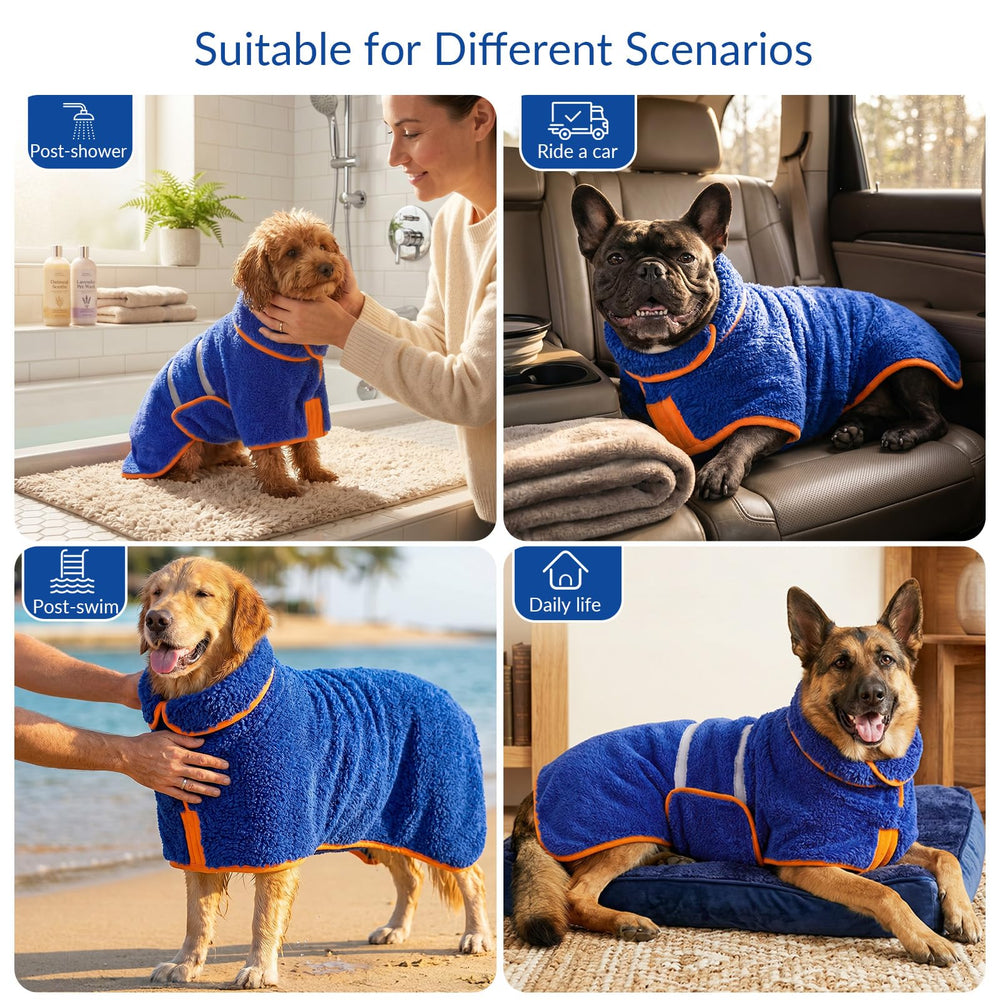 Bienbee Dog Bathrobe size range shown from S through XXL.
