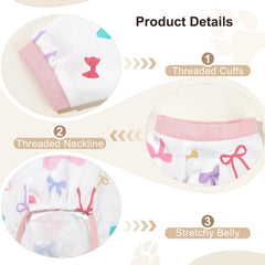 Cartoon themes on the Bienbee dog pajamas shown in detail.