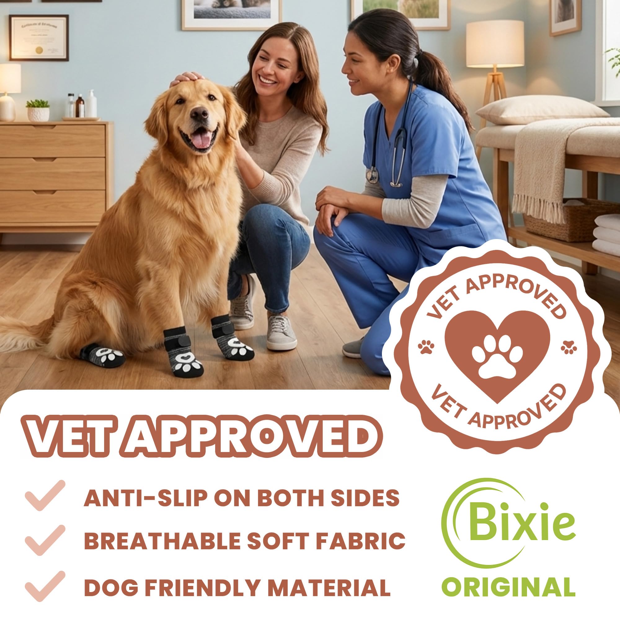 Bixie anti-slip dog socks shown on a dog walking across a floor.