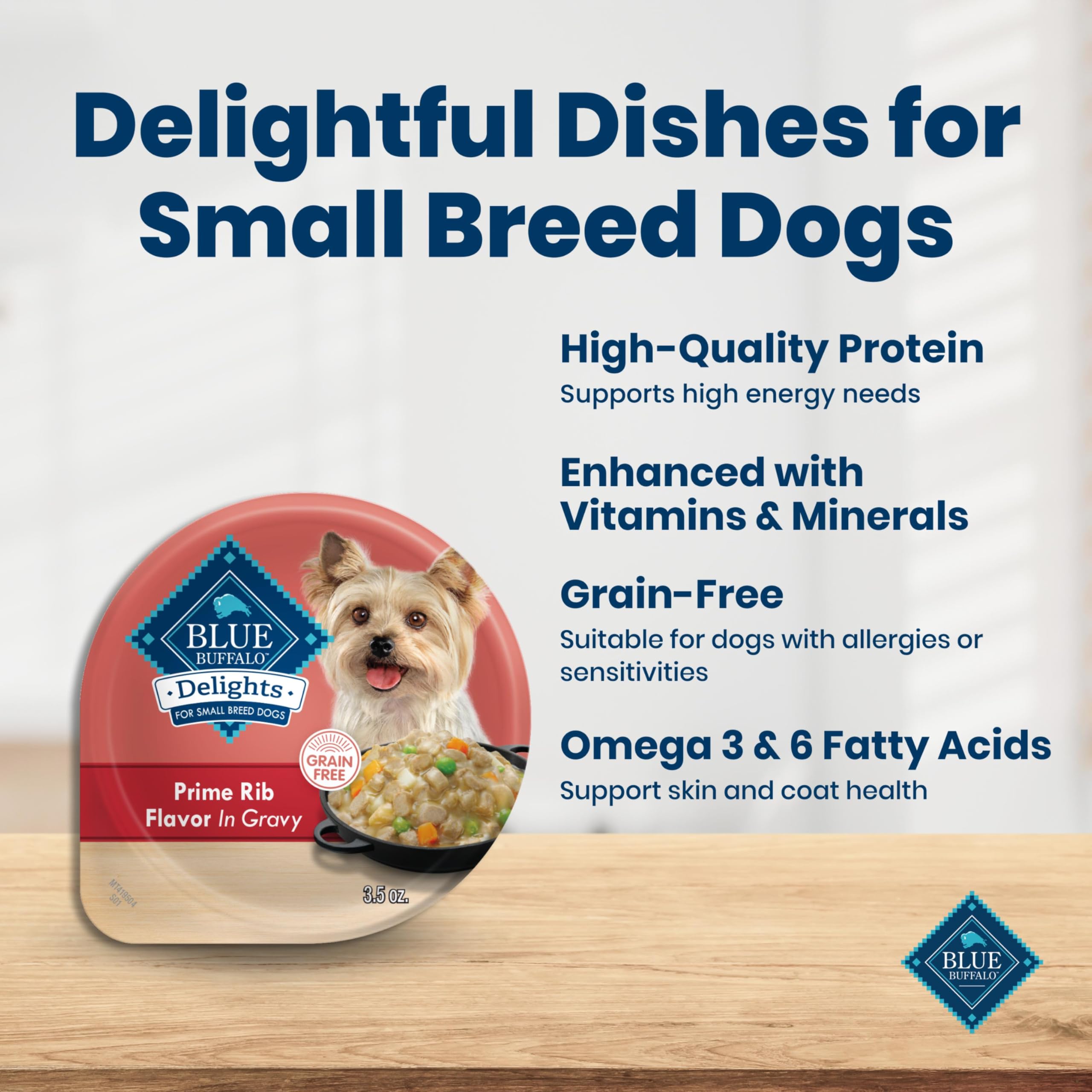Blue Buffalo Delights wet dog food showing the prime rib recipe in hearty gravy.