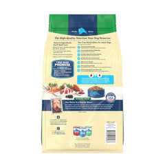 Blue Buffalo dry dog food packaging showing the product information panel.