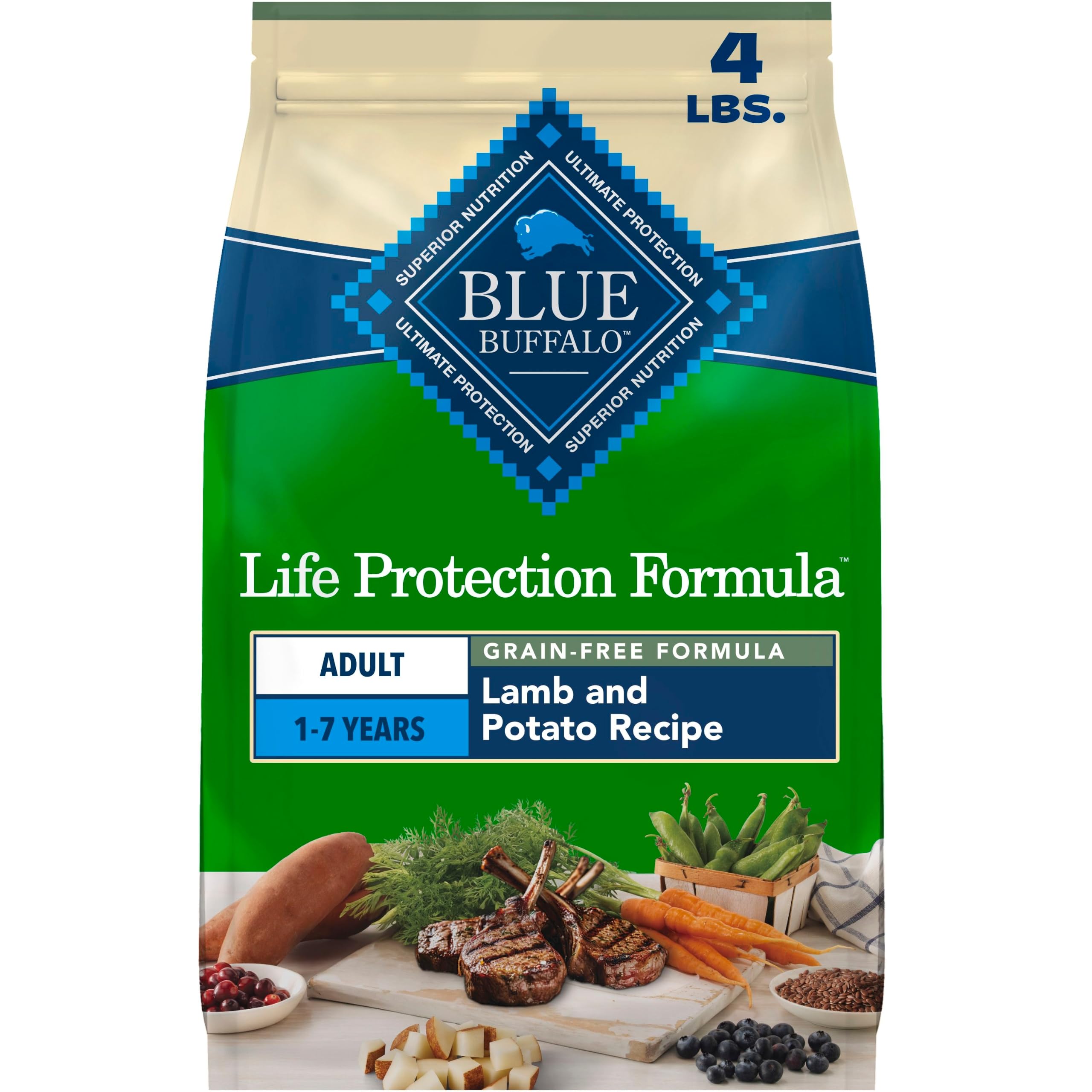 Blue Buffalo dry dog food front packaging for the Lamb and Potatoes adult recipe.