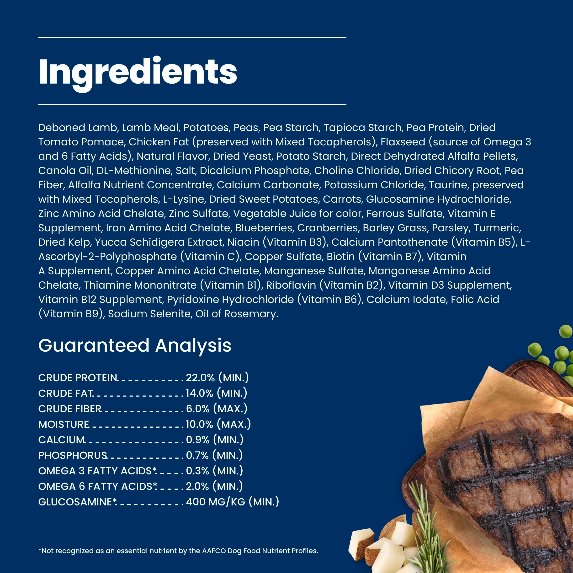 Blue Buffalo dry dog food ingredient panel for the adult Lamb and Potatoes formula.