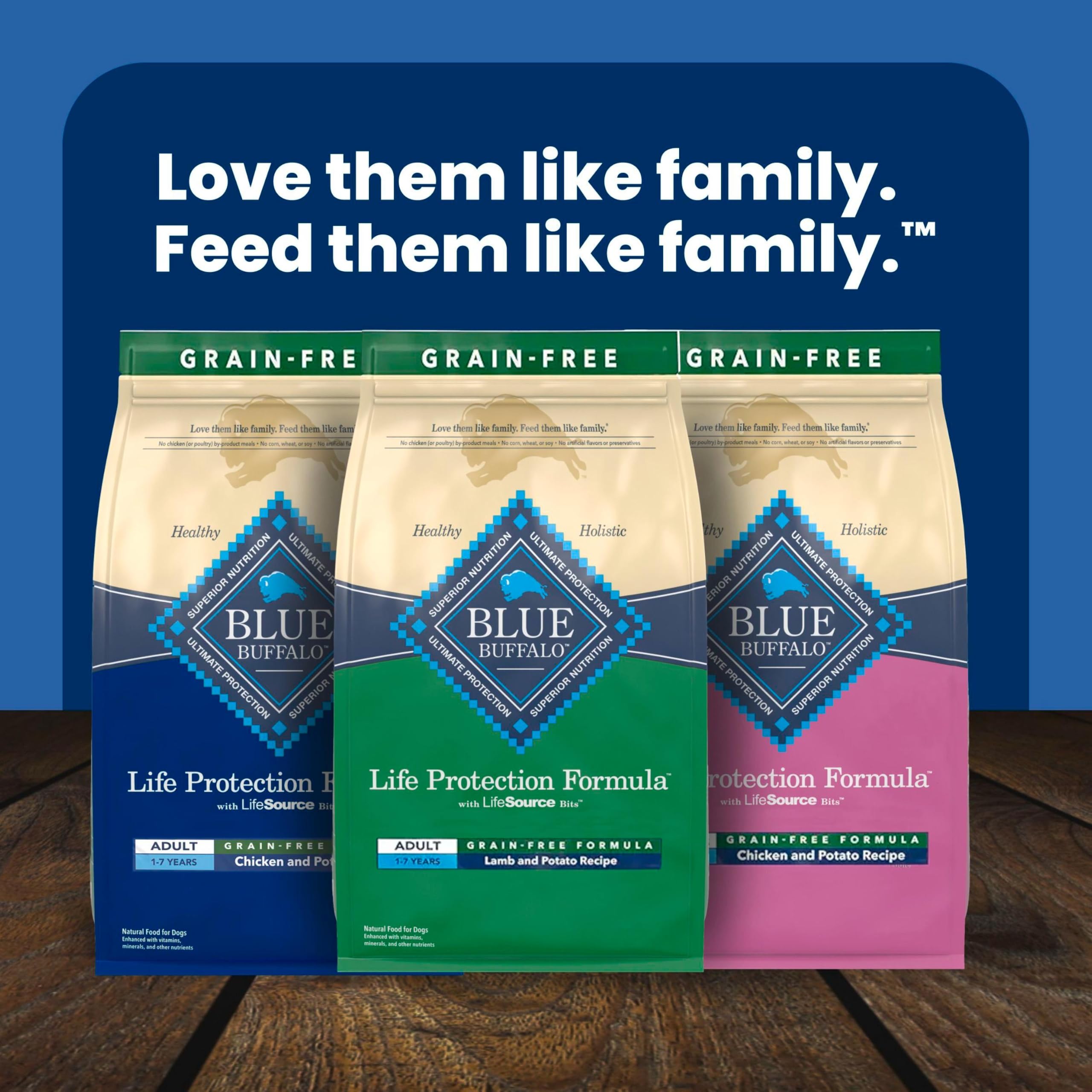 Blue Buffalo dry dog food shown in a serving view.
