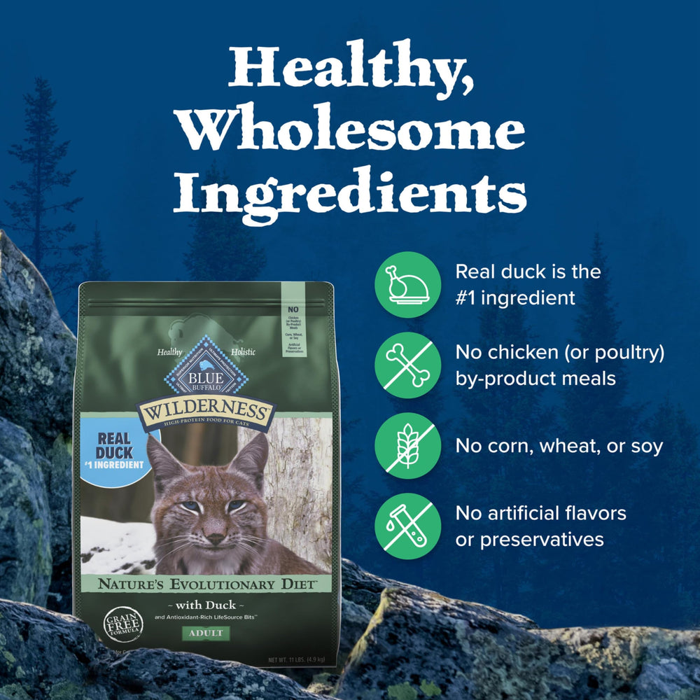 Blue Buffalo duck dry cat food labeled for adult cats.