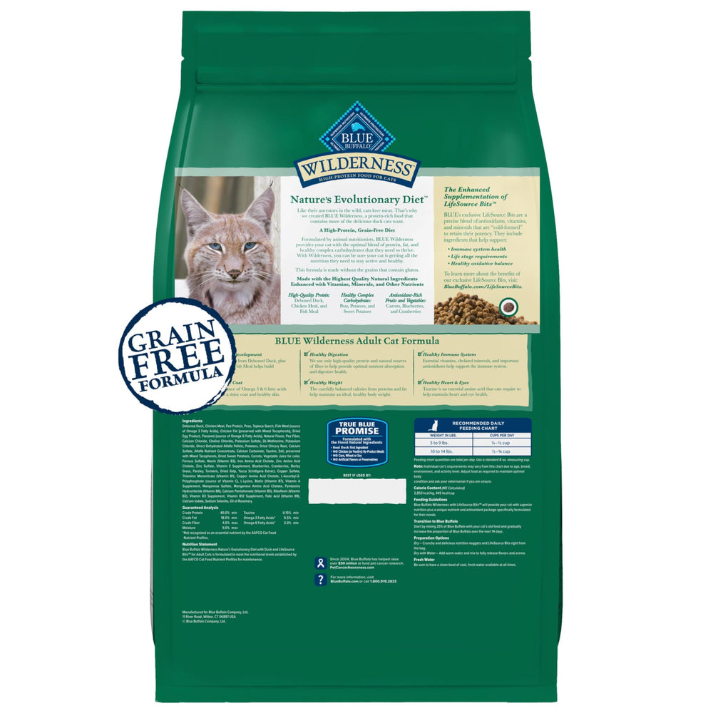 Blue Buffalo duck dry cat food bag shown from an alternate angle.