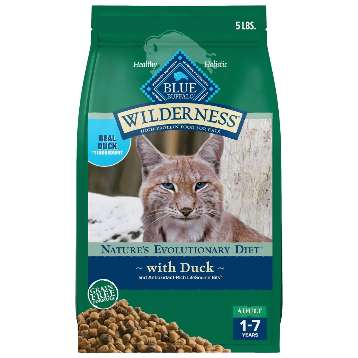 Blue Buffalo duck dry cat food shown from the front of its bag.