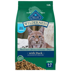 Blue Buffalo duck dry cat food shown from the front of its bag.