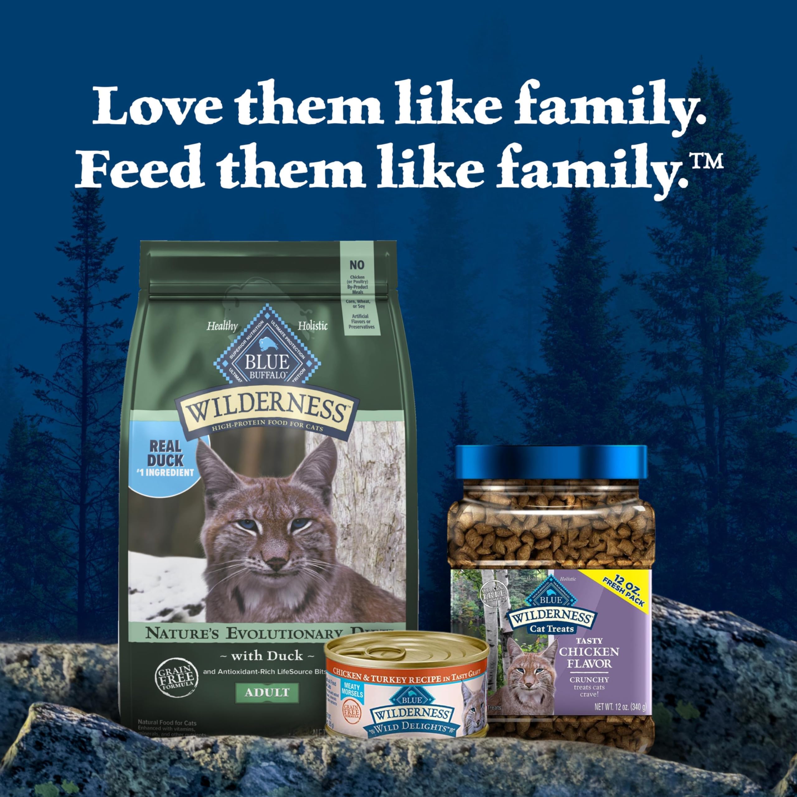 Blue Buffalo duck dry cat food package highlighting specified ingredient exclusions.