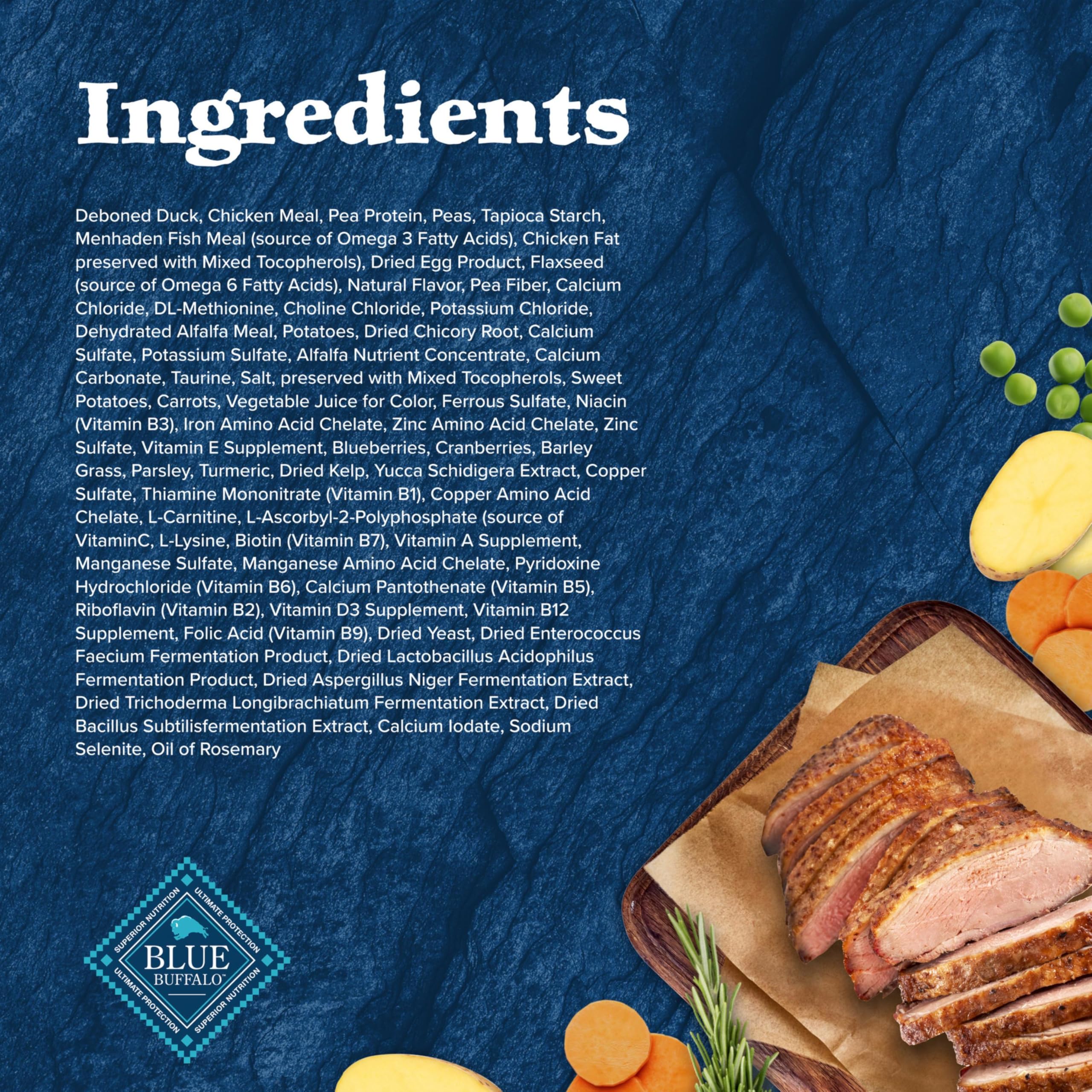 Blue Buffalo duck dry cat food packaging featuring its LifeSource Bits.