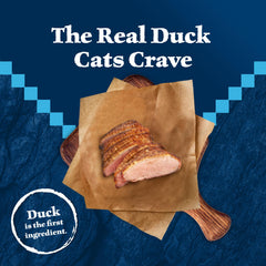 Blue Buffalo duck dry cat food packaging highlighting the duck recipe name.