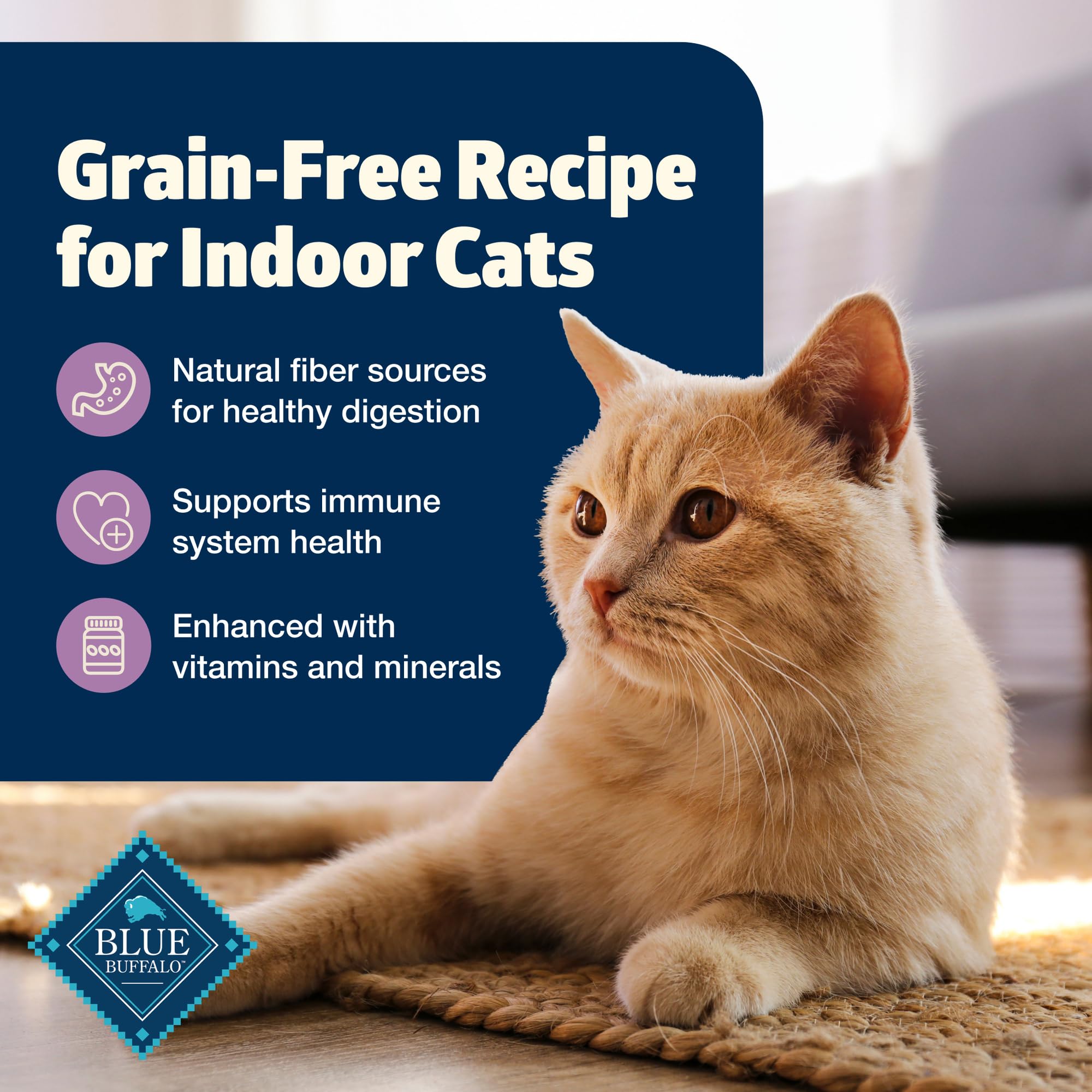 Blue Buffalo Freedom cat food packaging featuring fruit and vegetables.