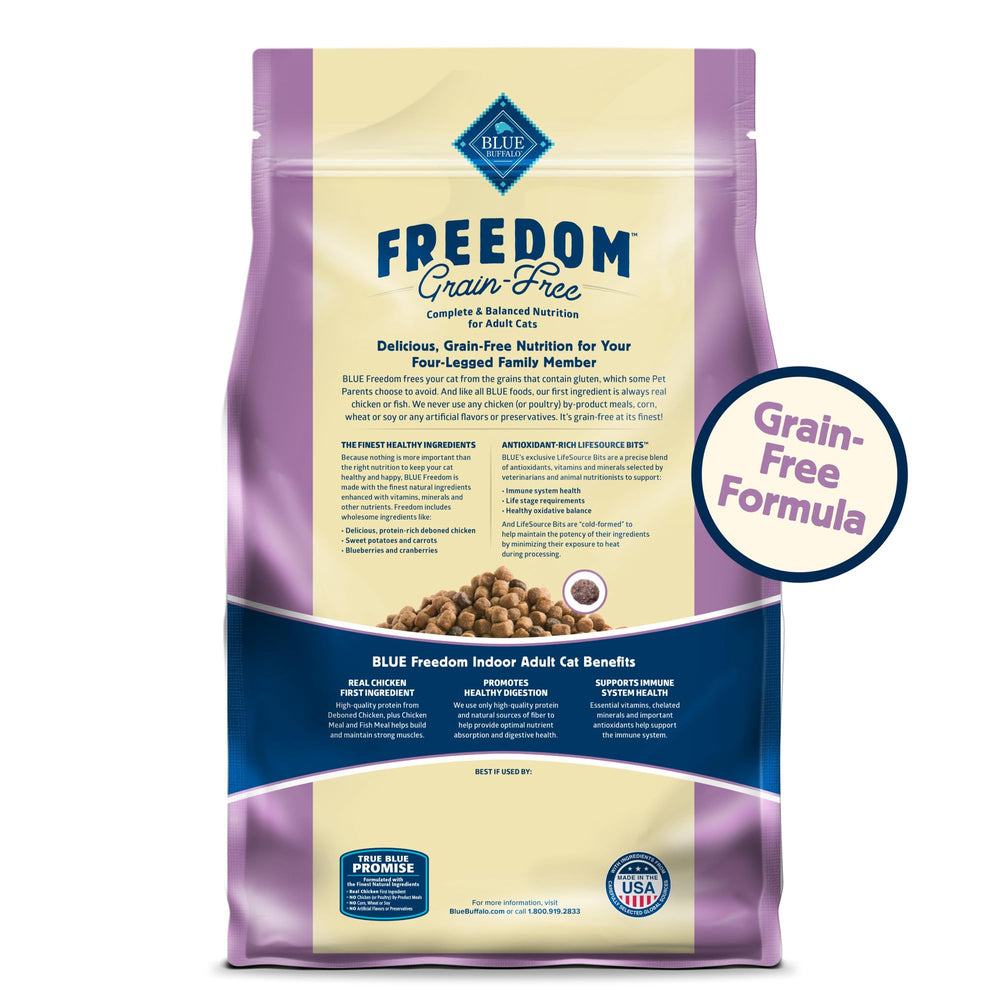 Blue Buffalo Freedom cat food kibble shown in a close-up view.