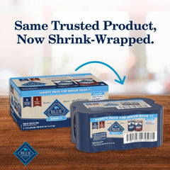 Blue Buffalo senior wet dog food Beef Dinner can shown on its own.