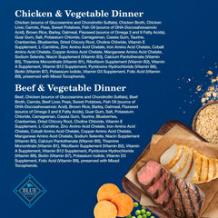 Blue Buffalo senior wet dog food Beef Dinner label shown close up.