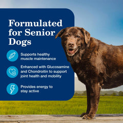 Blue Buffalo senior wet dog food Chicken Dinner label shown close up.