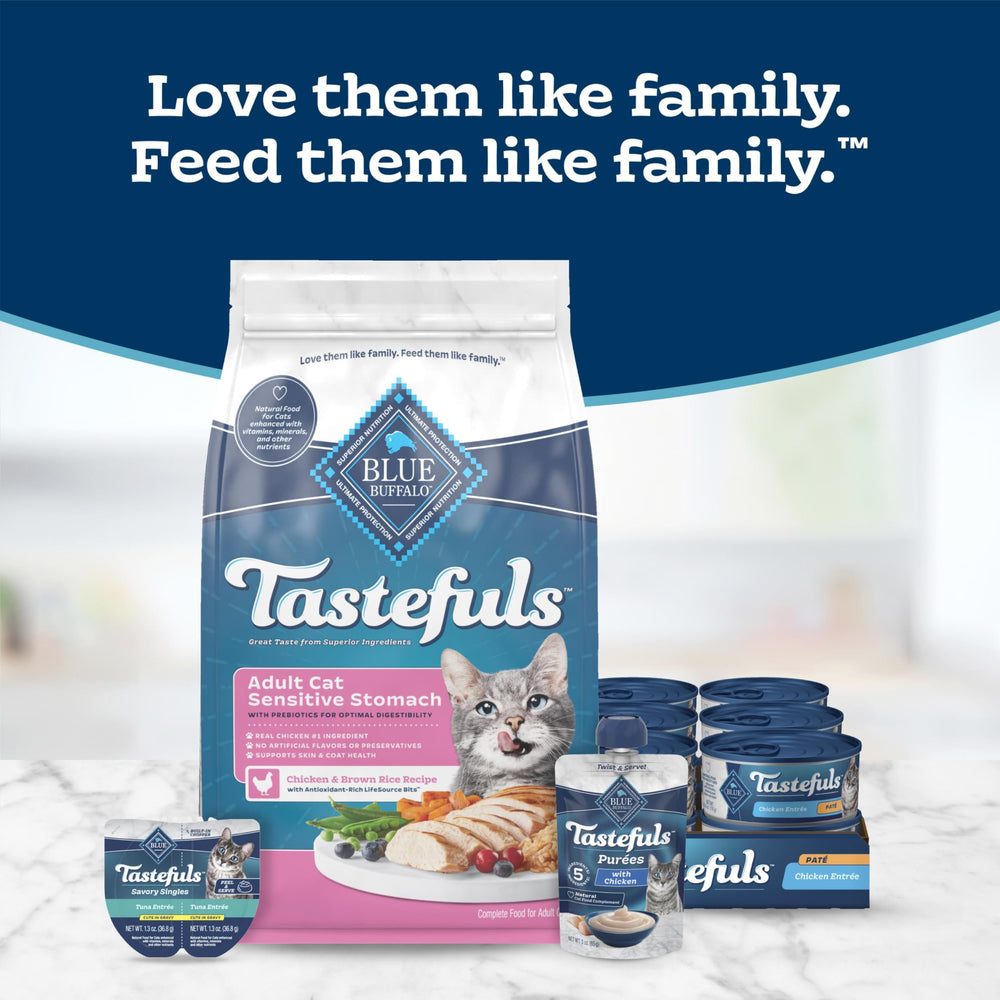 Blue Buffalo Tastefuls dry cat food bag shown with its back package panel.