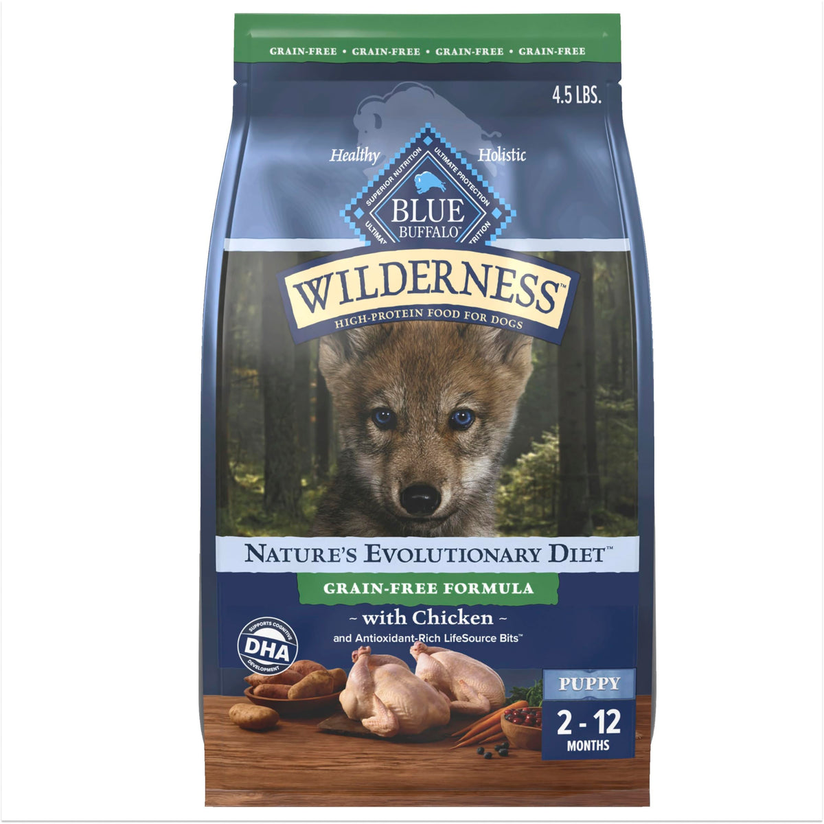 Blue Buffalo Wilderness Puppy Dry Dog Food shown from the front of its bag.