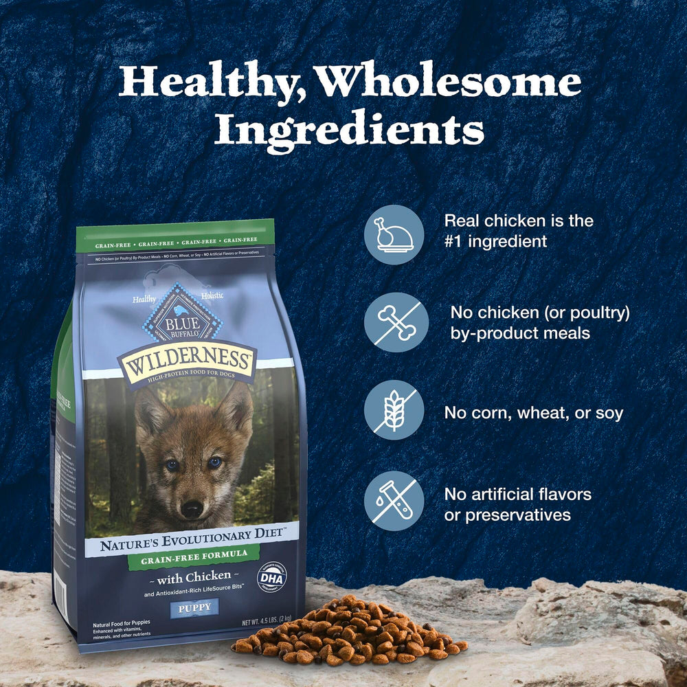 Blue Buffalo Wilderness Puppy Dry Dog Food showing its ingredient information.