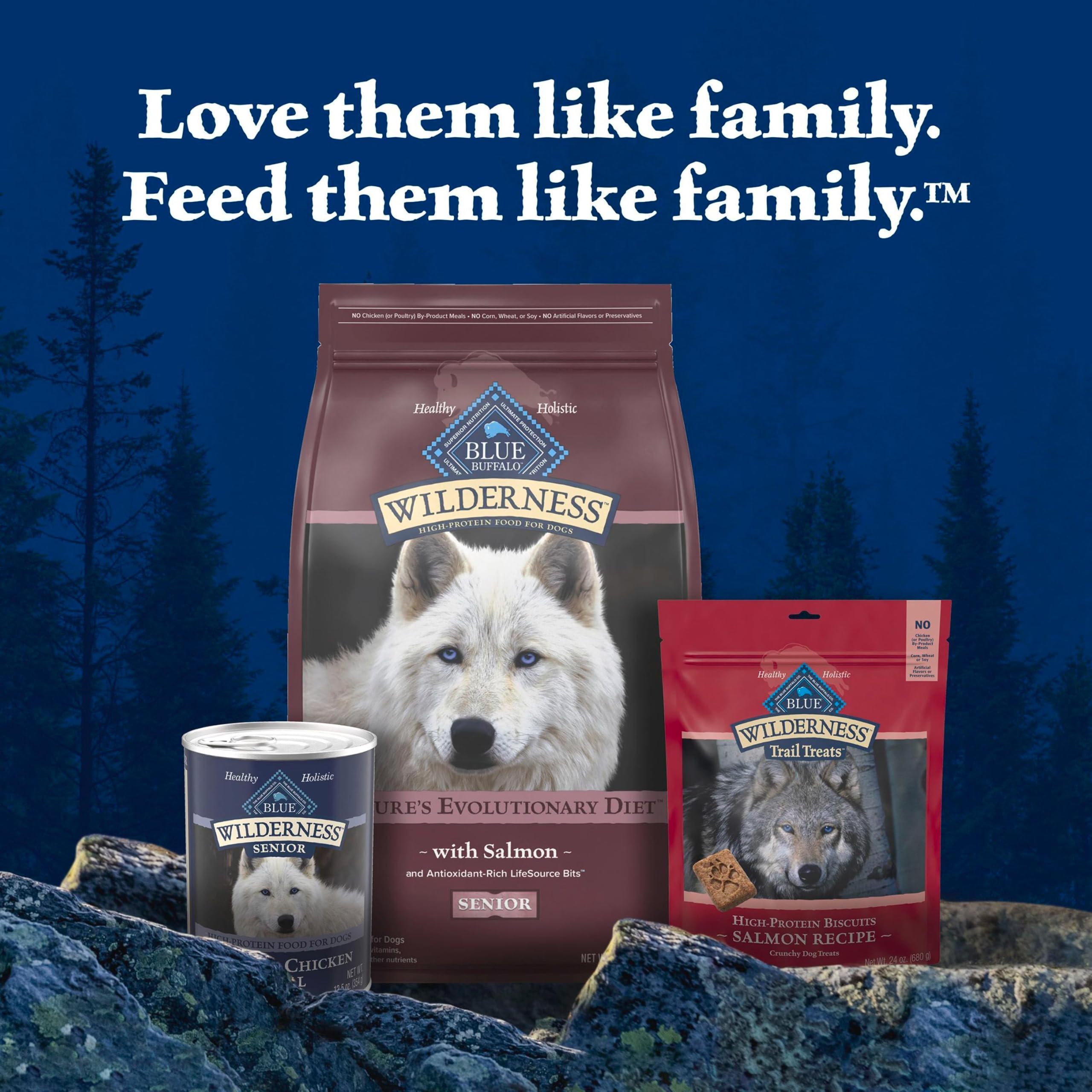 Blue Buffalo Wilderness Senior dog food with its adult-dog AAFCO profile.