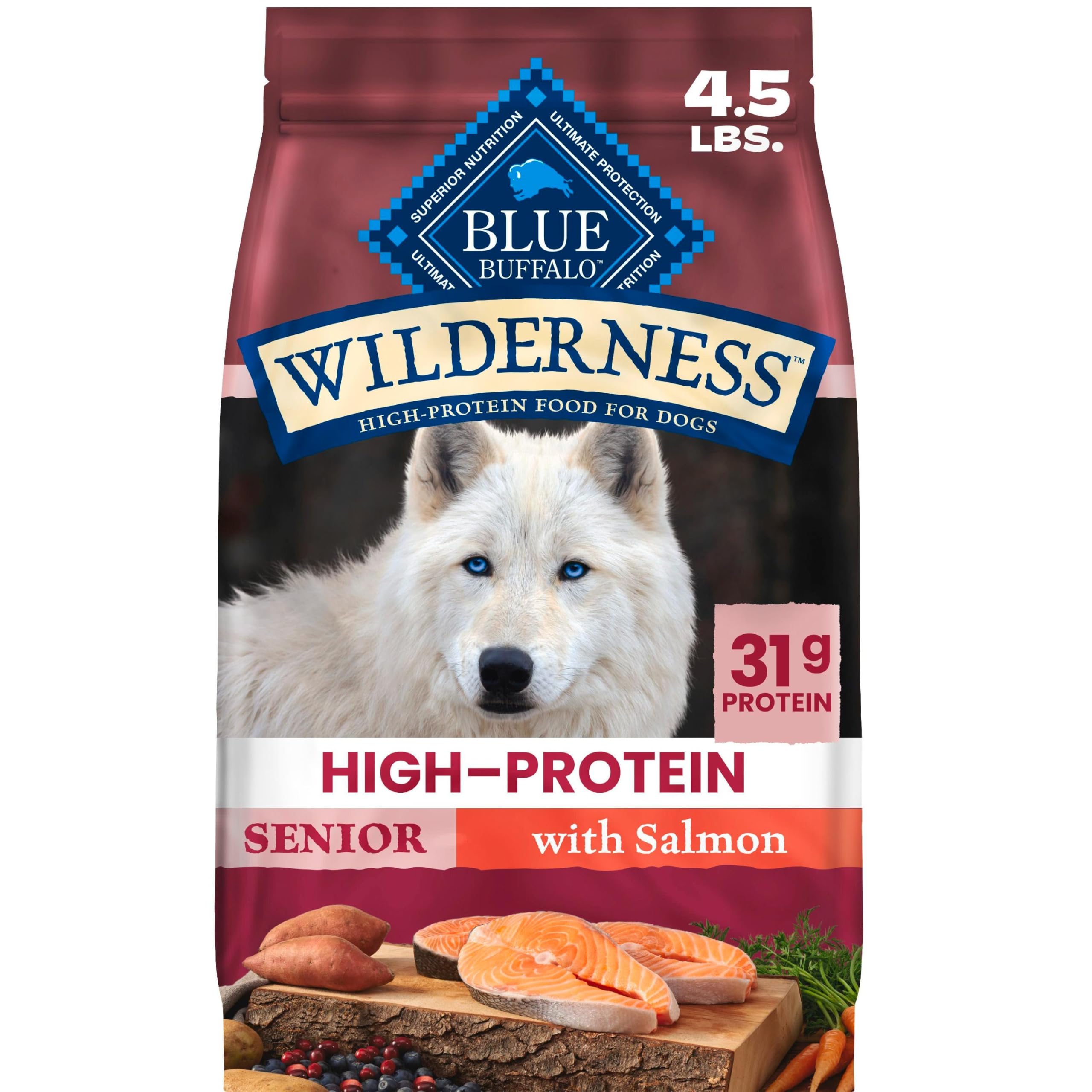 Blue Buffalo Wilderness Senior dog food bag shown from the front.