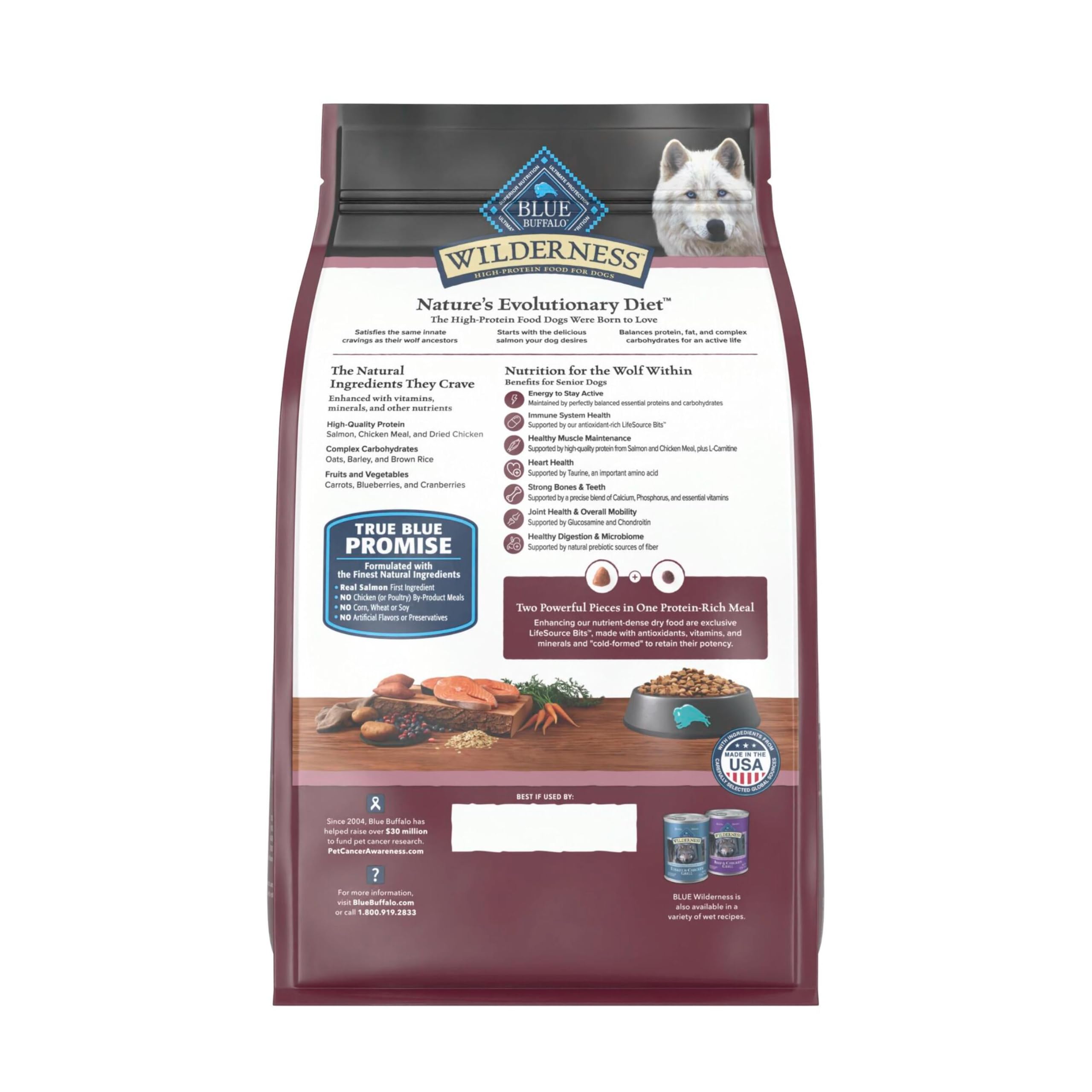 Blue Buffalo Wilderness Senior dog food labeled as the Salmon Recipe.