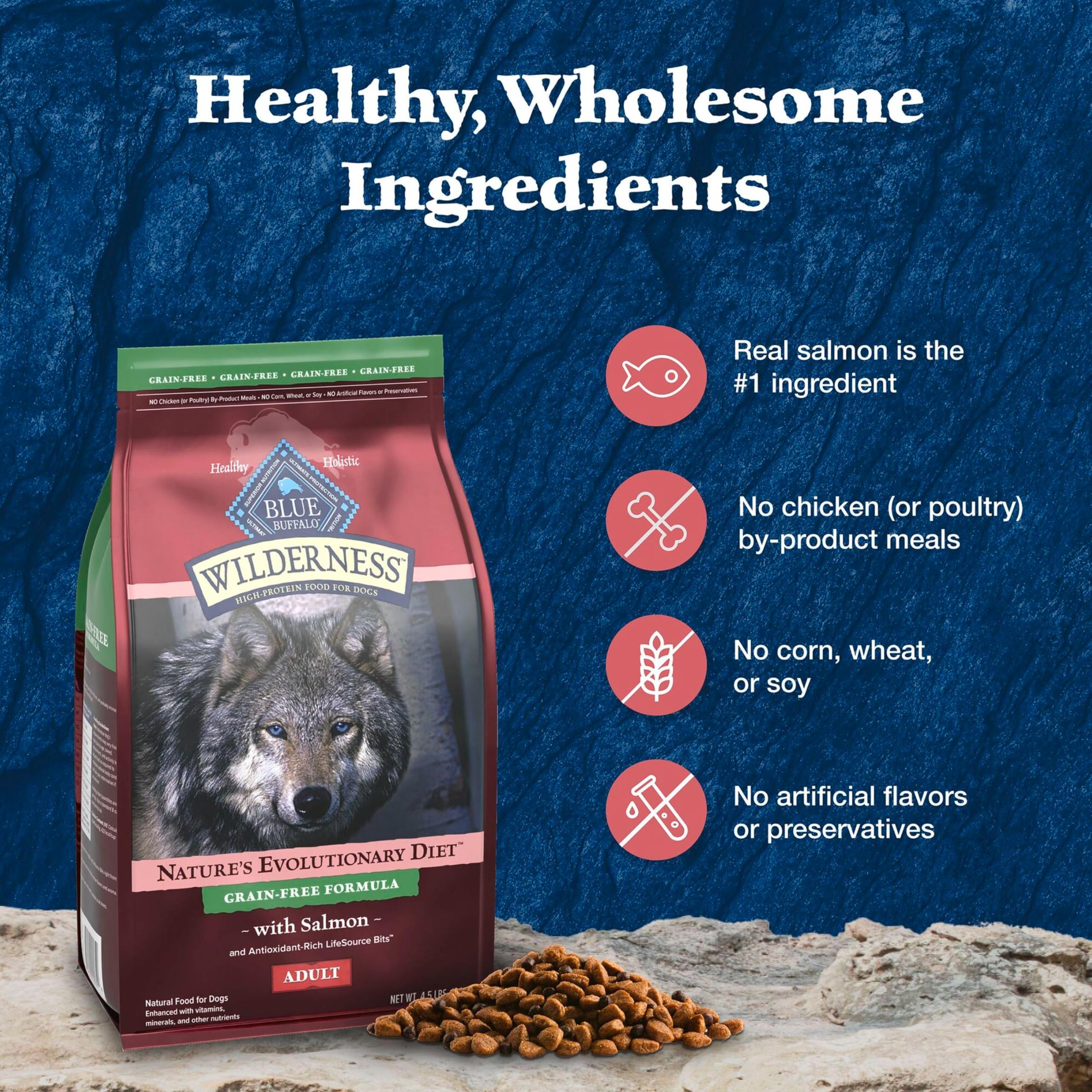 BLUE WILDERNESS Salmon Adult Dry Dog Food ingredient information shown on the bag.