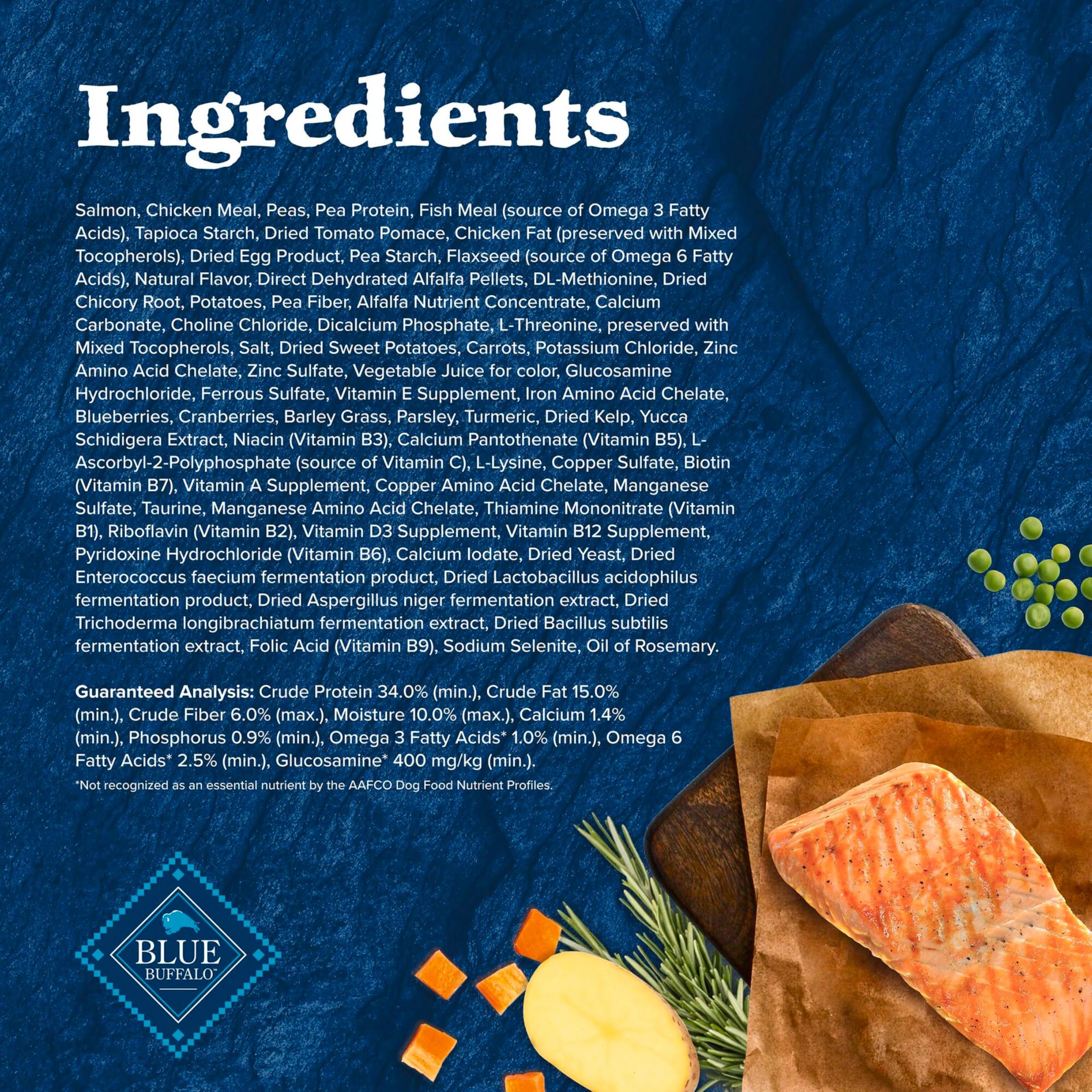 BLUE WILDERNESS Salmon Adult Dry Dog Food nutrition panel shown on the package.