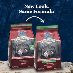 BLUE WILDERNESS Salmon Adult Dry Dog Food packaging highlighting its salmon recipe.