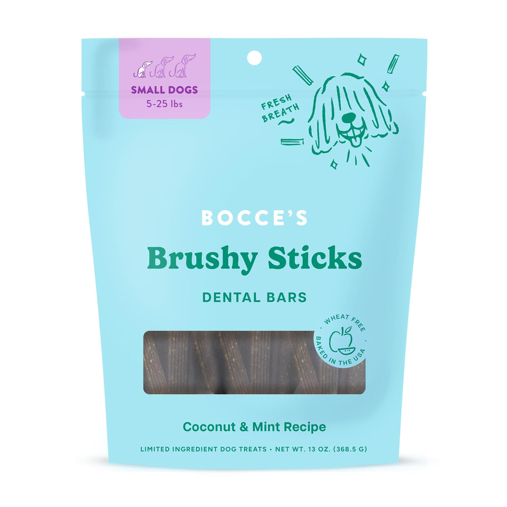 Bocce's Bakery Brushy Sticks small-breed dental treats shown with the front of the package.