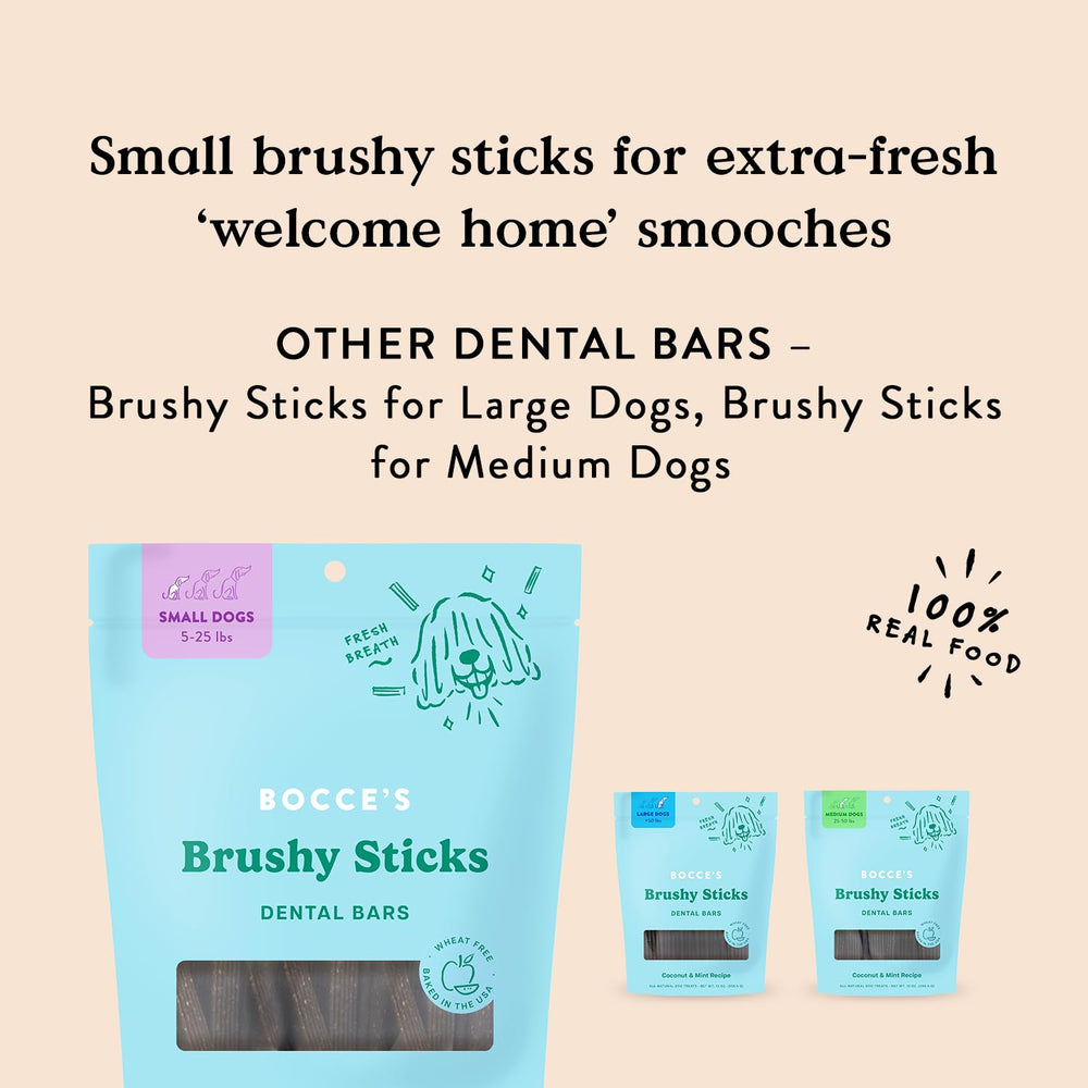 Bocce's Bakery Brushy Sticks treats arranged to show their shape and texture.