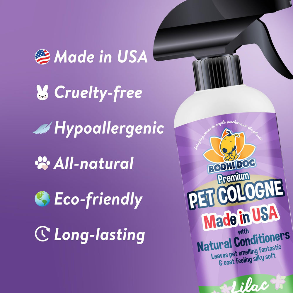 Bodhi Dog dog cologne being sprayed onto a pet’s coat.