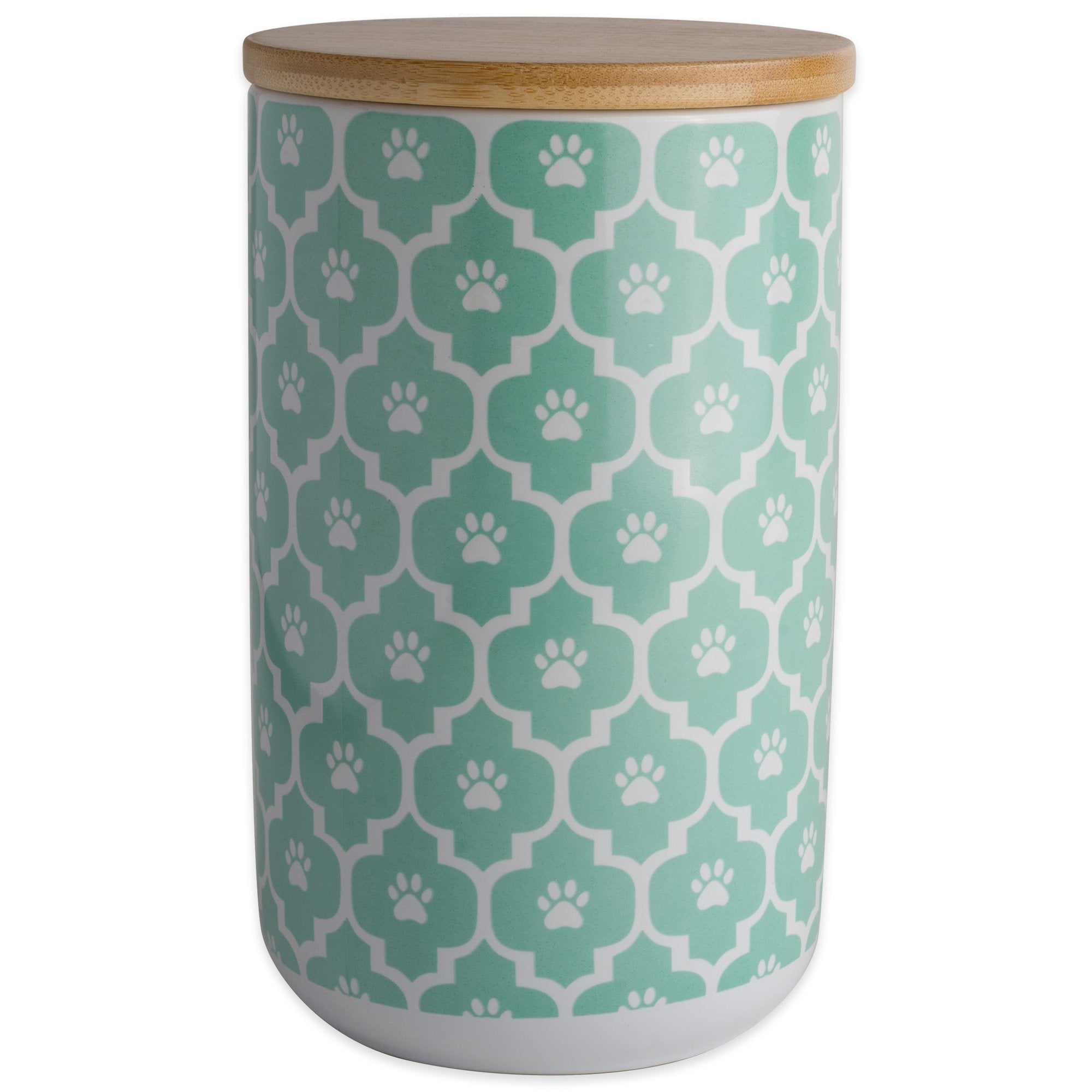 Bone Dry Lattice Pet Treat Jar shown from the front with its bamboo lid.