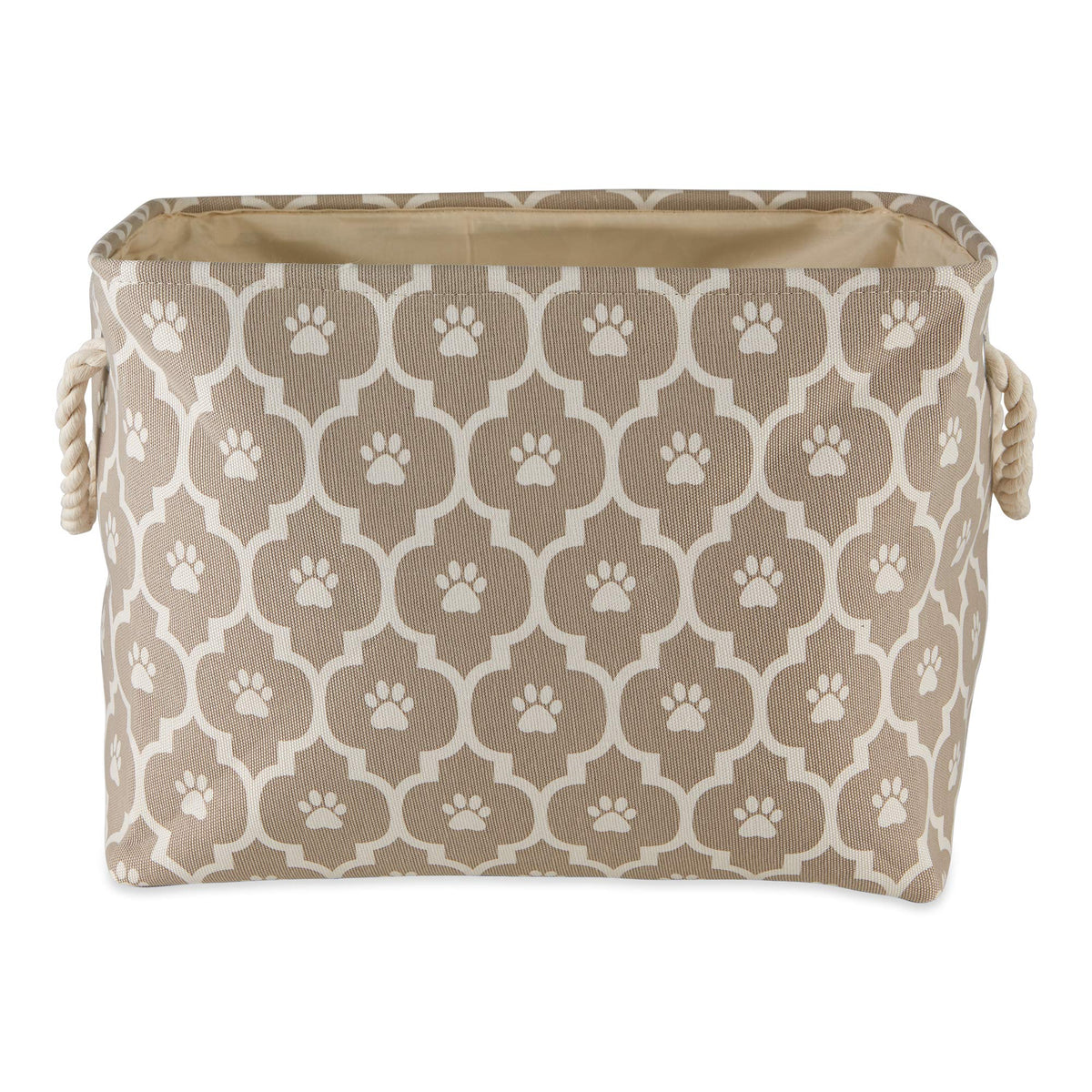 Bone Dry pet storage bin shown from the front with its lattice paw-print design.