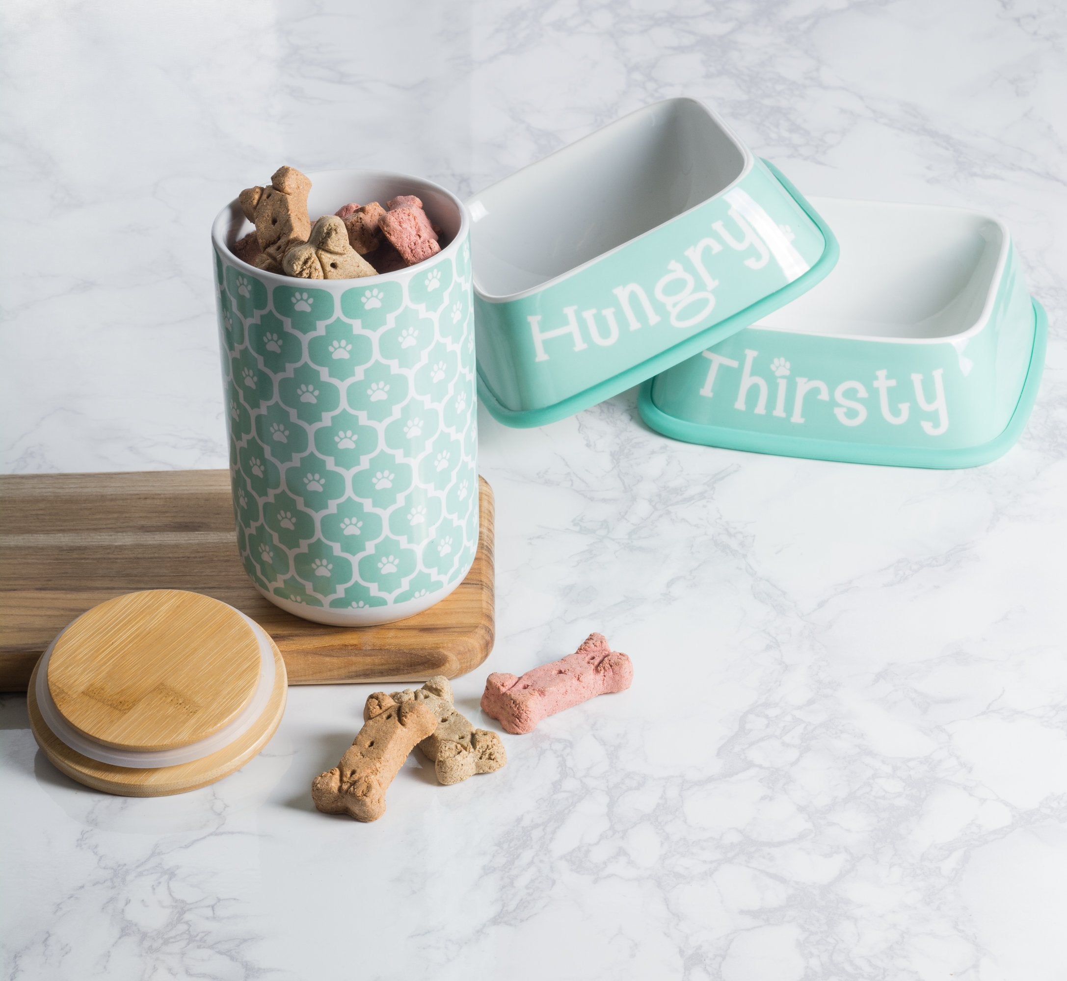 Bone Dry Pet Treat Jar shown open with the lid removed.