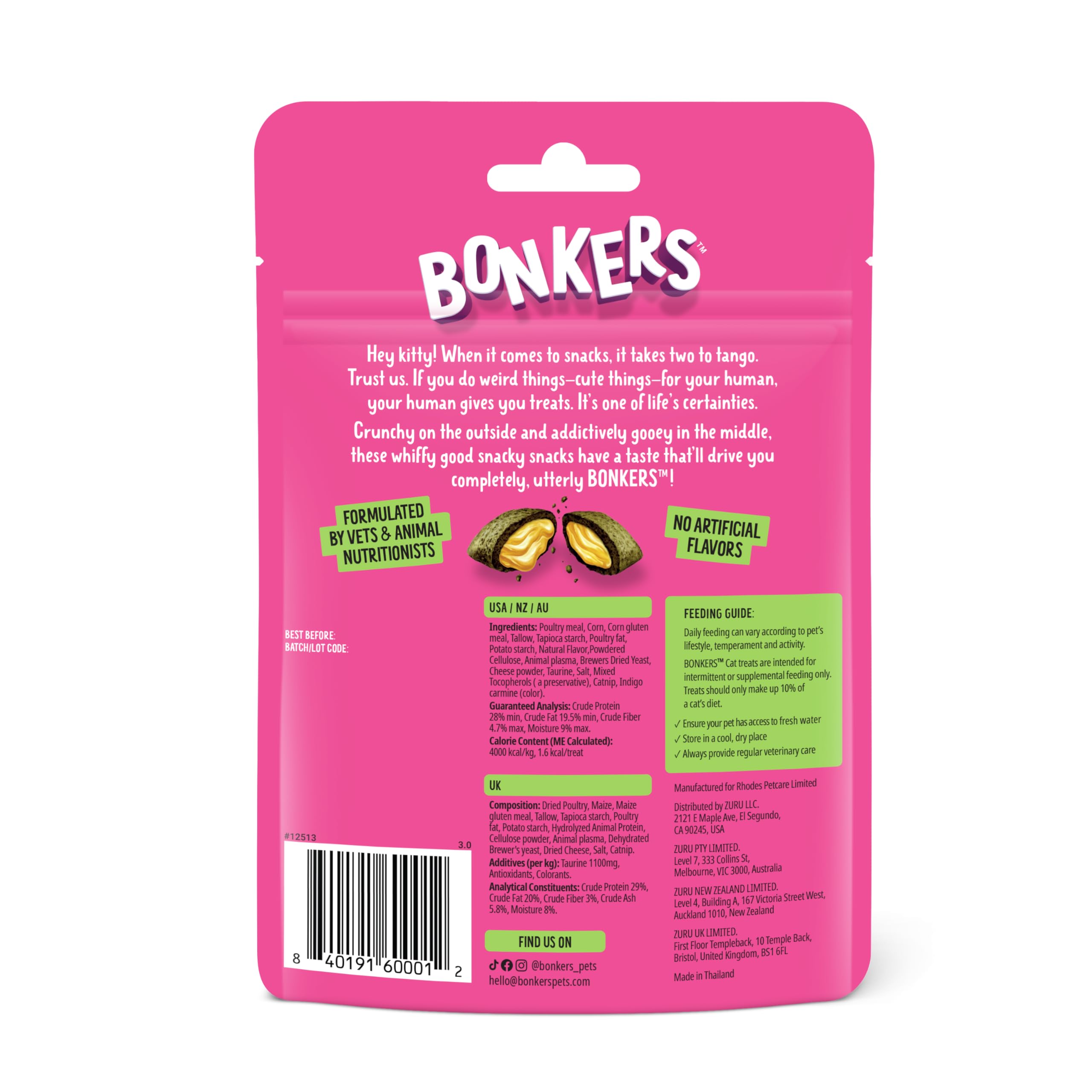 BONKERS cat treats shown as a snack for a cat.