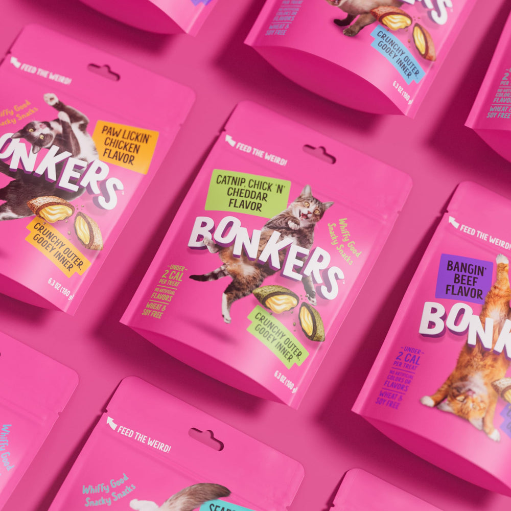 BONKERS cat treats with the Catnip and Chick 'N' Cheddar flavor name visible.