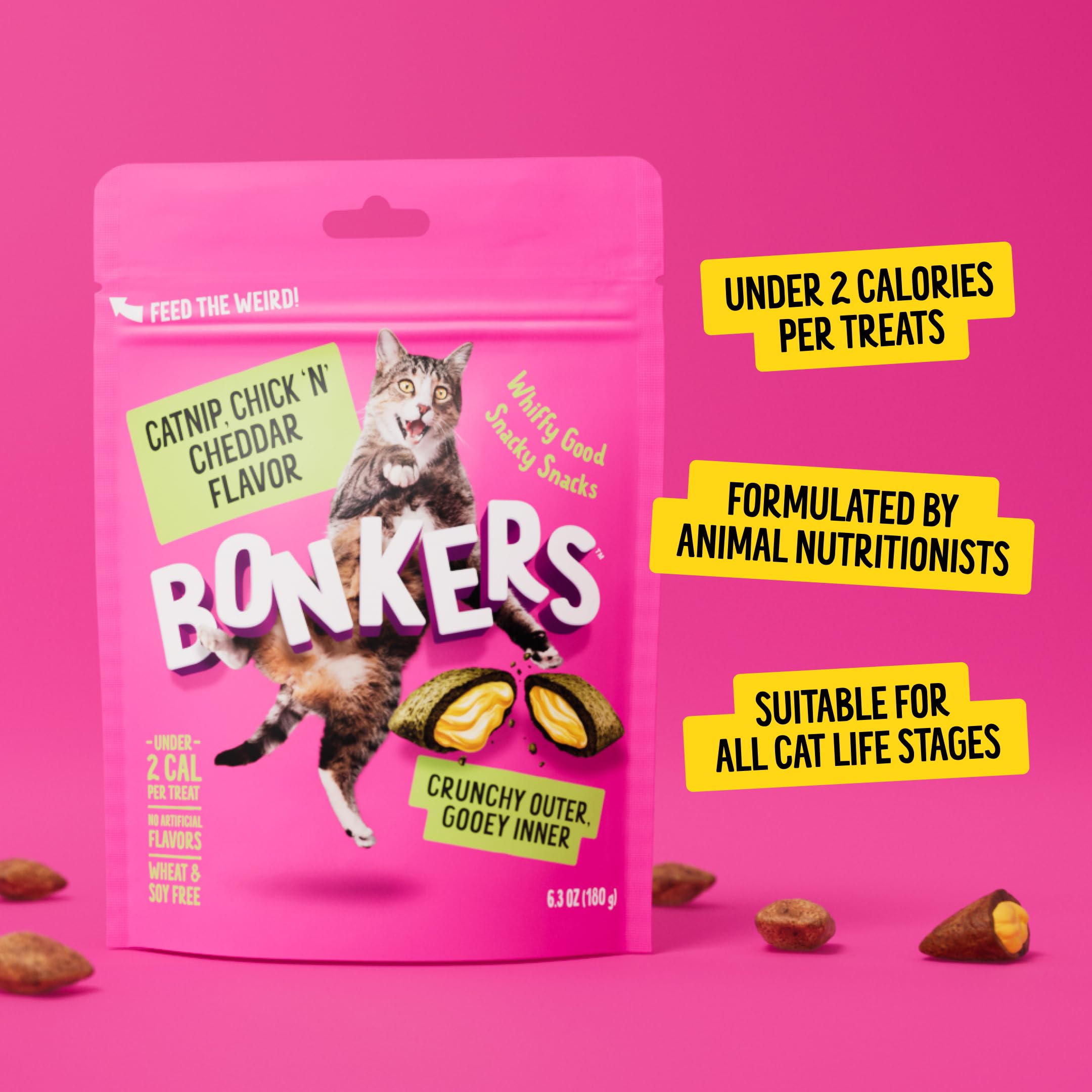 BONKERS cat treats shown as a pack of ten bags.