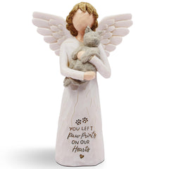 BORLESTA cat memorial figurine shown from the front with an angel holding a gray cat.