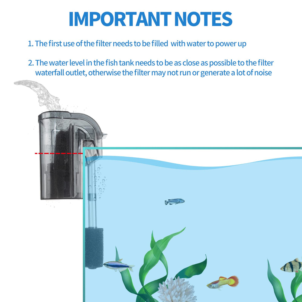 Boxtech aquarium hang on filter shown in use with a fish bowl.