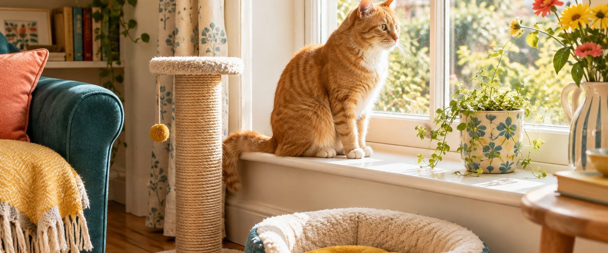 Ginger cat on a window sill beside a scratching post