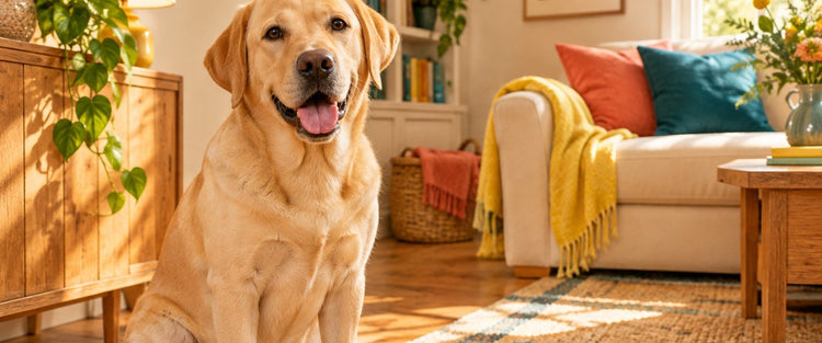 Labrador sitting beside a lead, collar and tennis ball