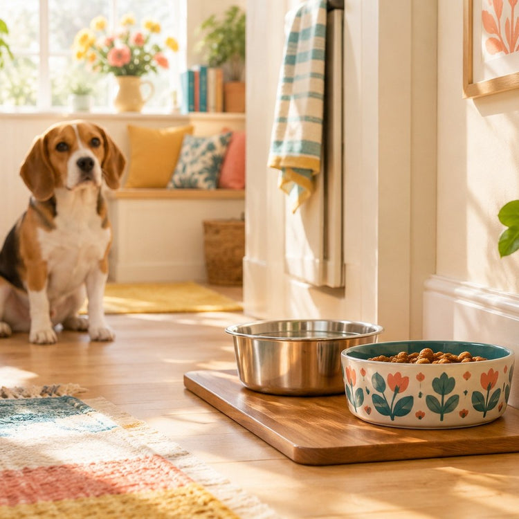 Pet bowls on a wooden mat with a beagle waiting