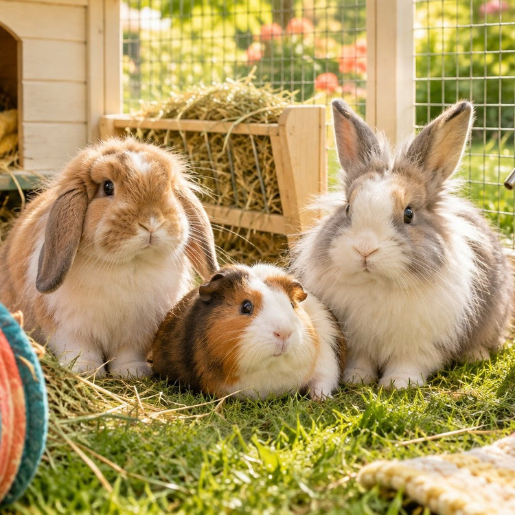 Rabbits and a guinea pig in a hutch run with hay