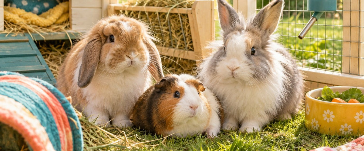 Rabbits and a guinea pig in a hutch run with hay