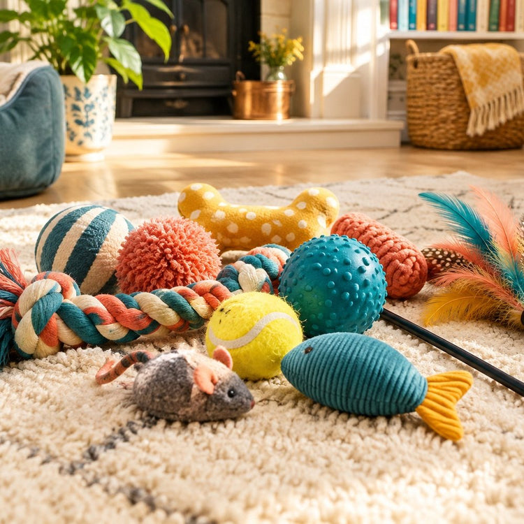 Colourful dog and cat toys on a cream rug